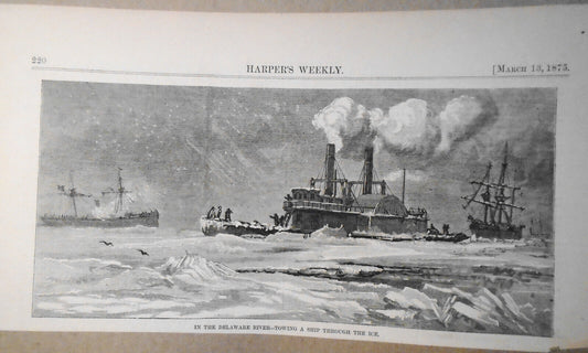 In the Delaware River towing a ship through the ice. Harper’s Weekly, March 1875