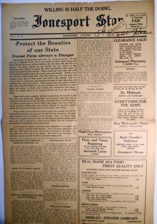 Jonesport Star, October 27, 1930 -- Danger of Forest Fires, etc.