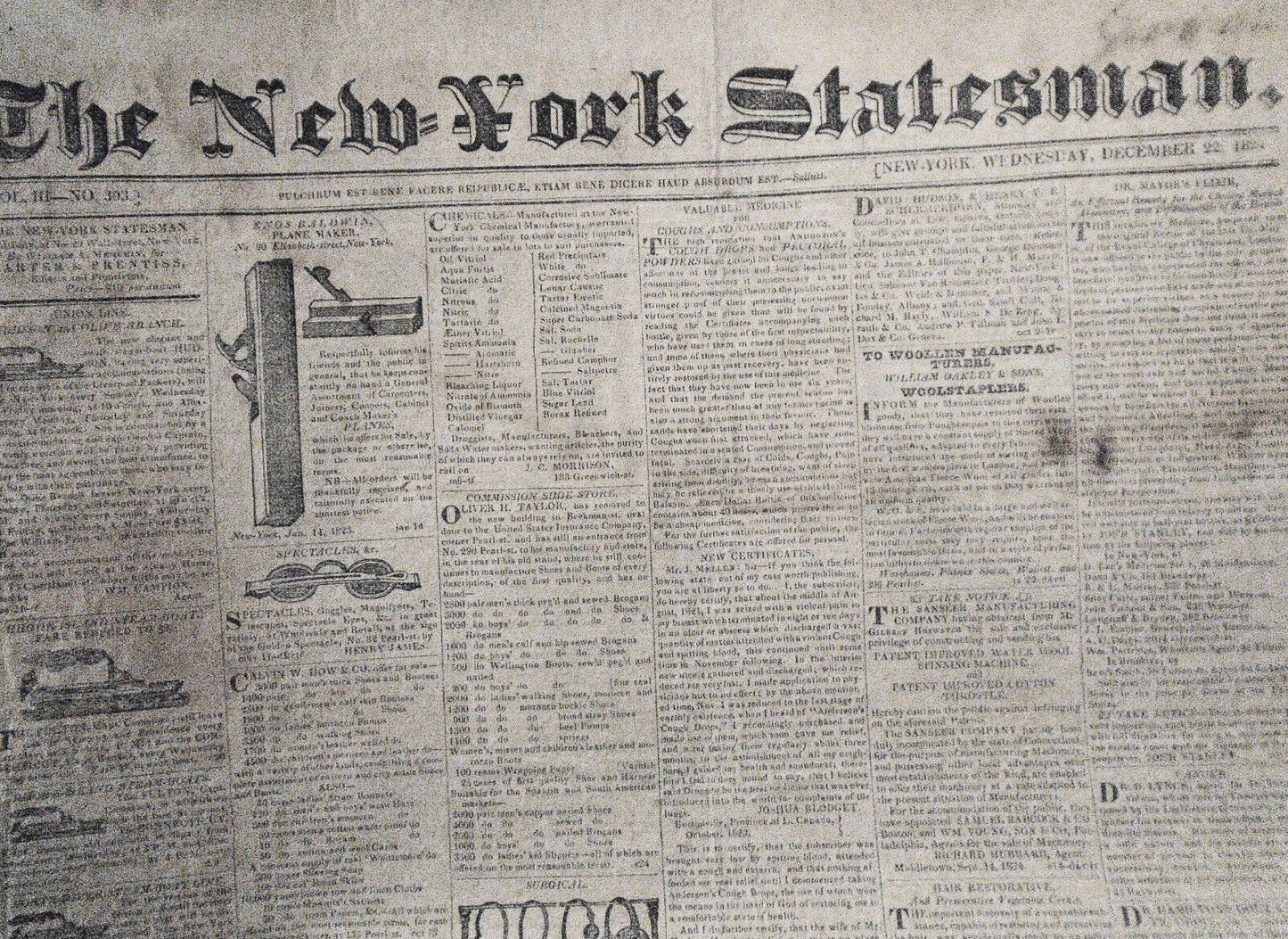 THE NEW-YORK STATESMAN, December 22, 1824 - NY Governor DeWitt Clinton's copy