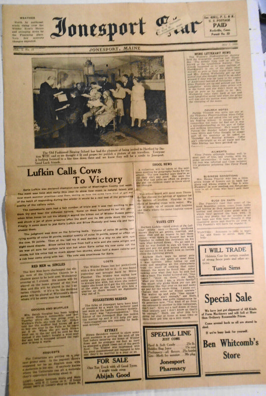 Jonesport Star, May 1, 1930 : Cow calling contest; Old Fashioned Singing School
