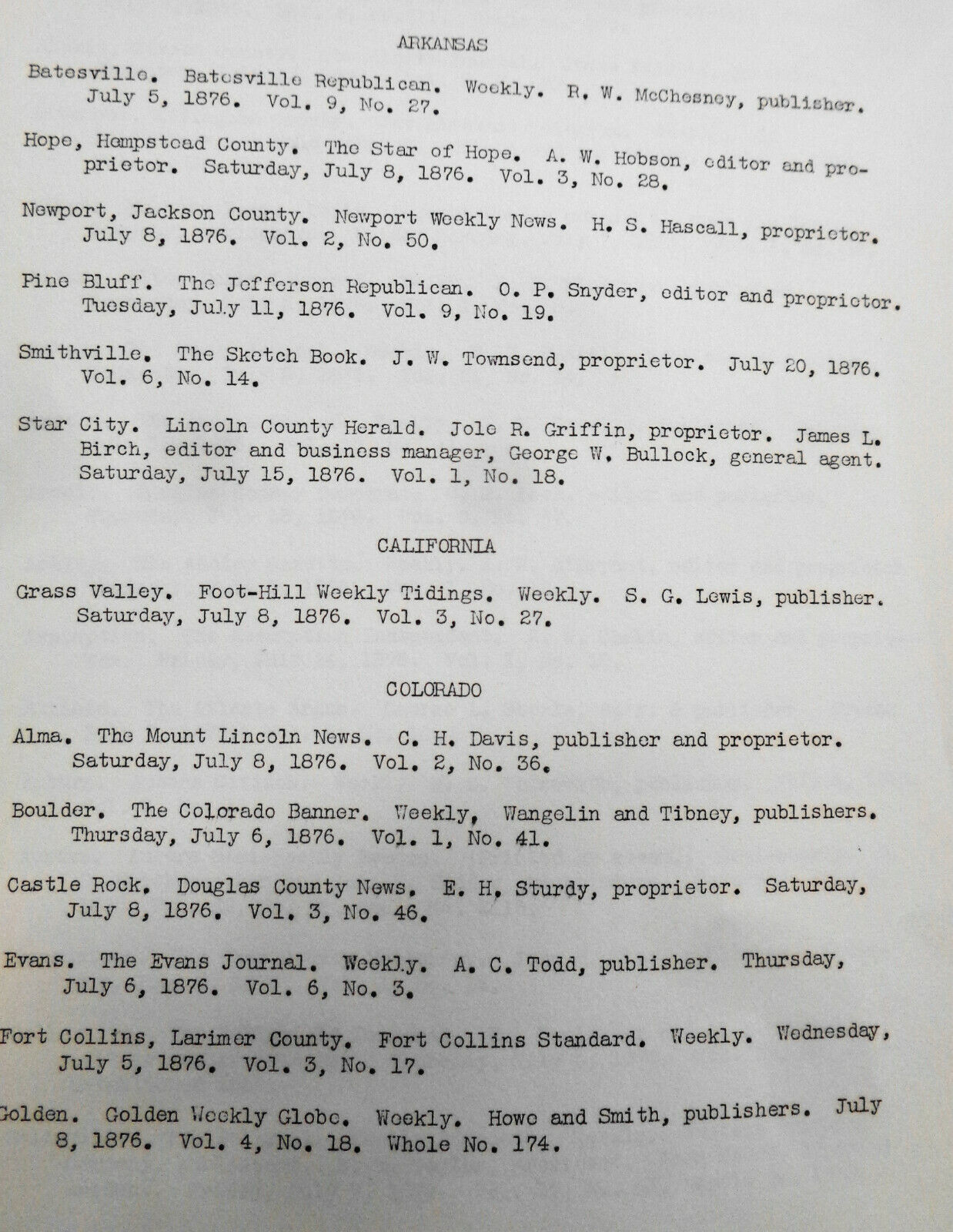 1939 WPA Check list of Kellogg collection of "Patent inside" newspapers of 1876