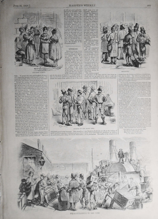 Emigrant landing in New York -- Harper's Weekly, June 26, 1858- 4 prints