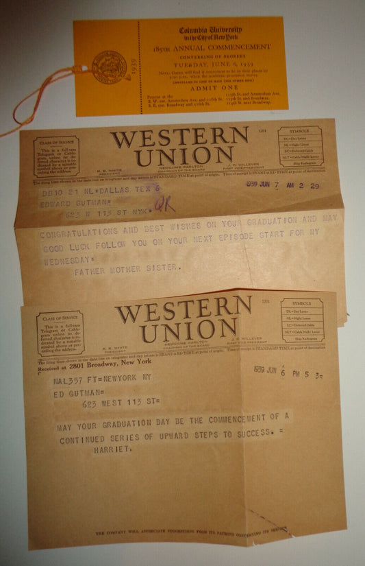1939 COLUMBIA UNIVERSITY Commencement Ticket + 2 WESTERN UNION Telegram Congrats