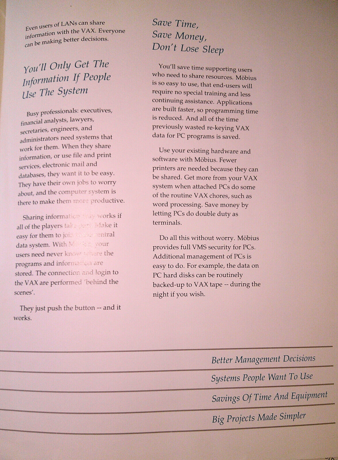 Mobius PC / VAX Information  Sharing : Press Kit, 1989 - promo literature