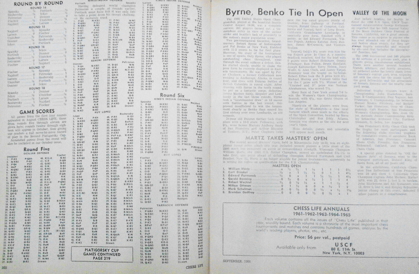 Chess Life, September 1966 -  Piatigorsky Cup: Spassky & Fischer;