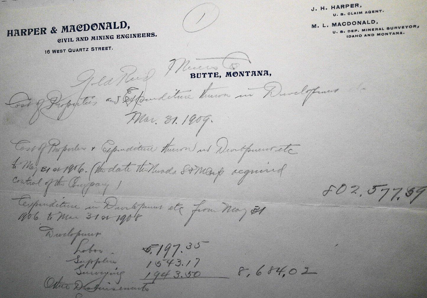 1909 Harper & MacDonald, Civil and Mining Engineers, Butte MT Financial Document
