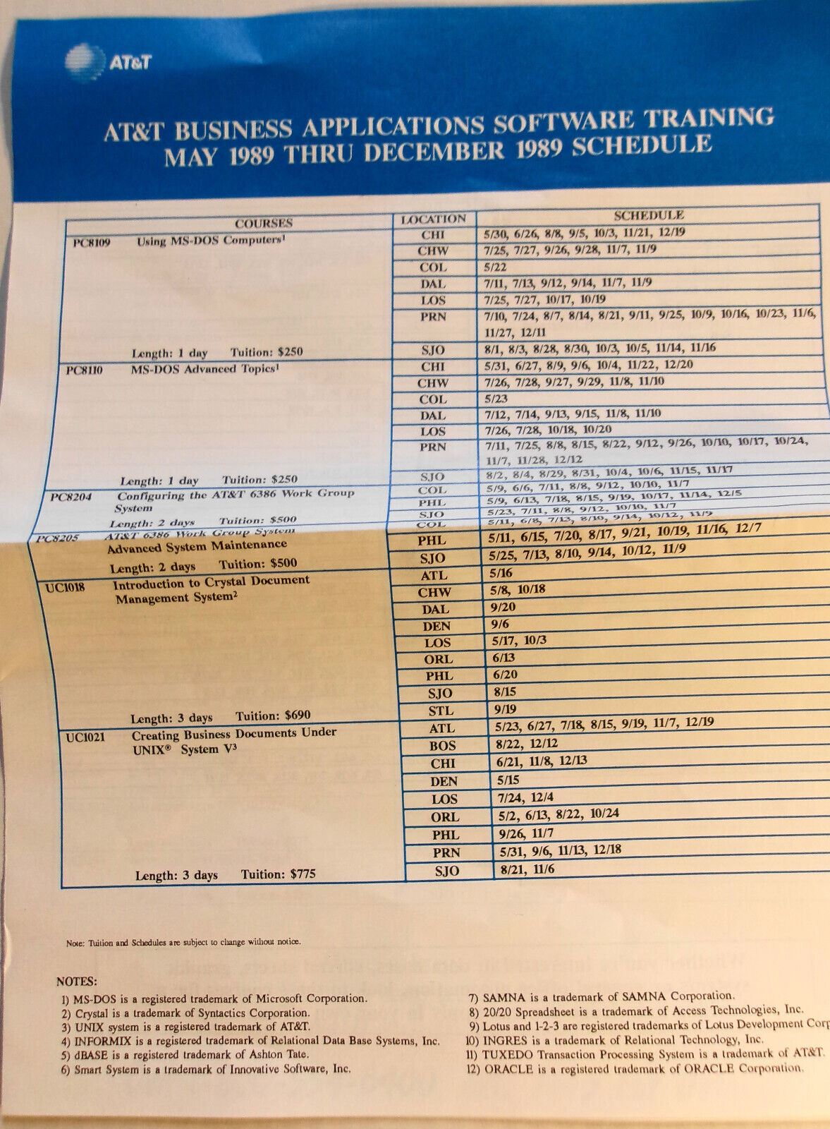 AT&T Computer Training 1989 - UNIX & C + Business apps - 2 brochures & Flyer