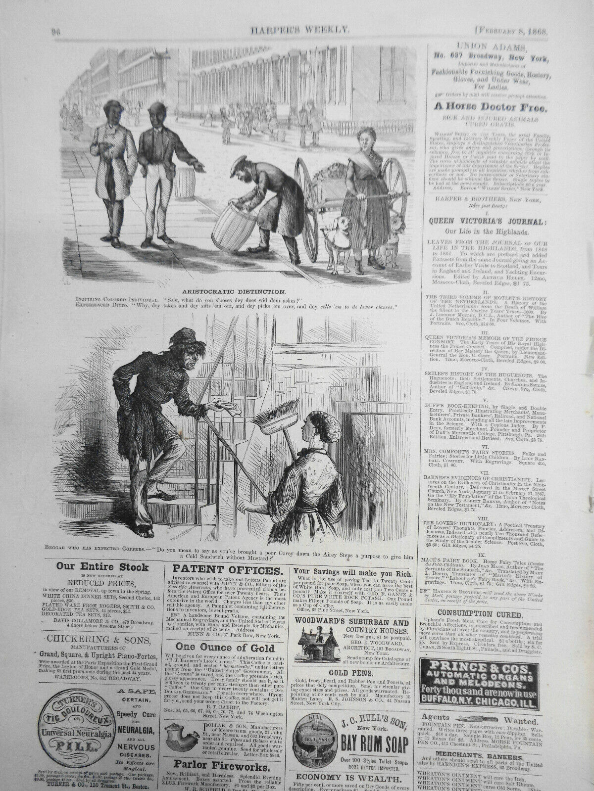 HARPER'S WEEKLY FEB 8, 1868 OVERLAND MAIL, PLANTATION SCENE, PAUPERS, ART SCHOOL
