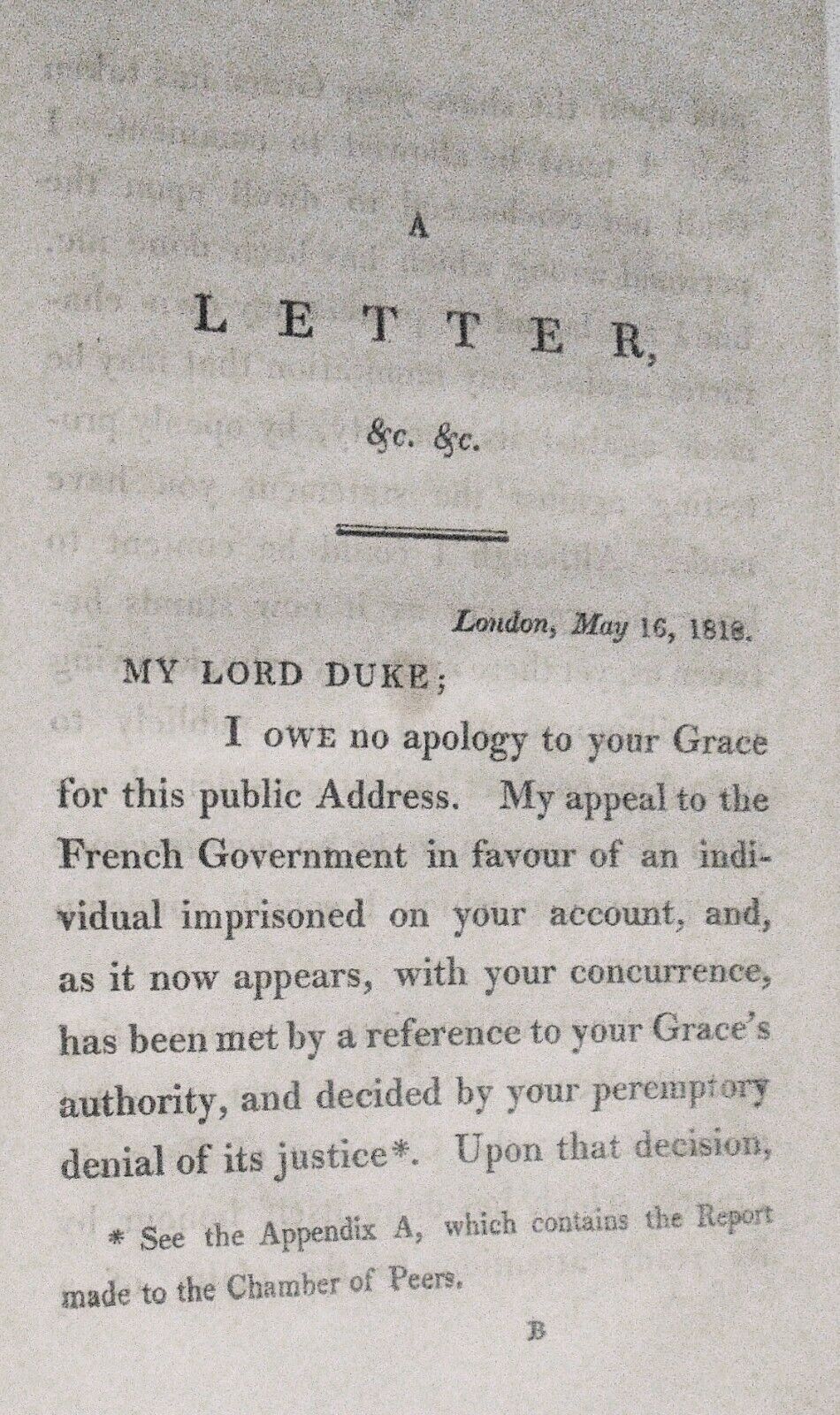 1818 A letter to Duke of Wellington on the arrest of M. Marinet - Lord Kinnaird