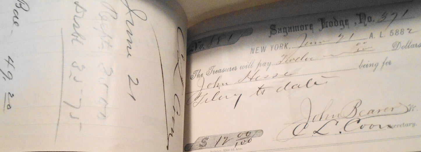 1882 Twenty-four original handwritten receipts - Masonic Sagamore Lodge New York