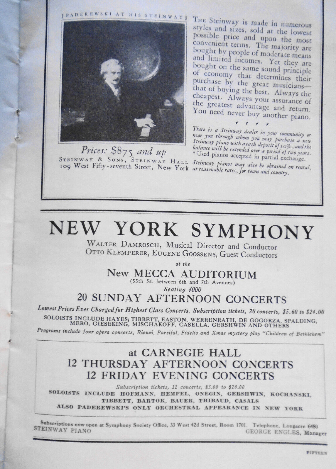 Stadium Concerts - New York Philharmonic, 1925 Program. Nikolai Sokoloff