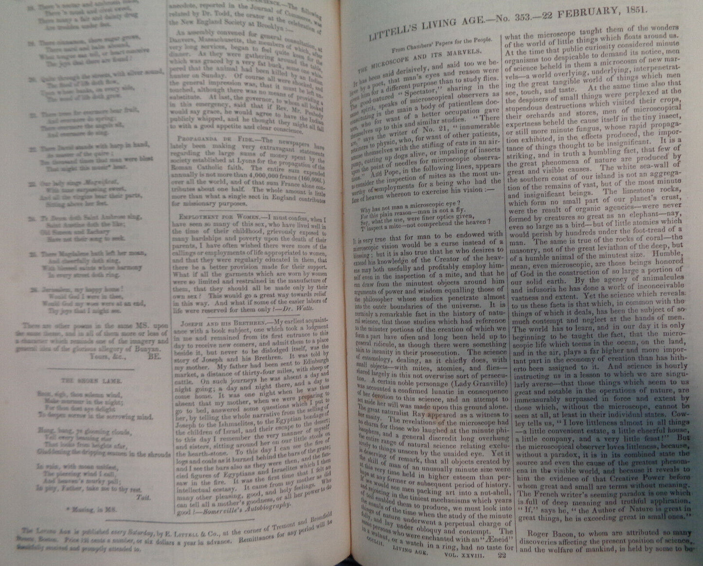 LITTELL'S LIVING AGE VOL 28, JAN THROUGH MAR 1851 Bound volume