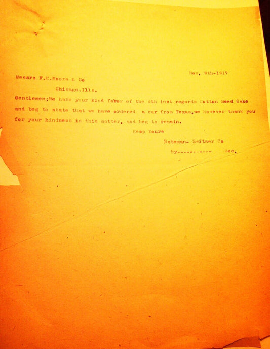 1917 letter of Bateman-Switzer Co to F. E. Moore Co Chicago re. Cotton Seed Cake