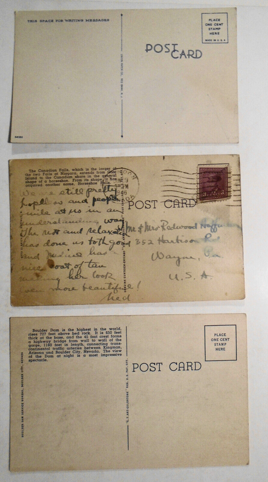 Boulder Dam, Barnegat Light, Horsehoe Falls 1940s -3 Antique Linen Postcards lot
