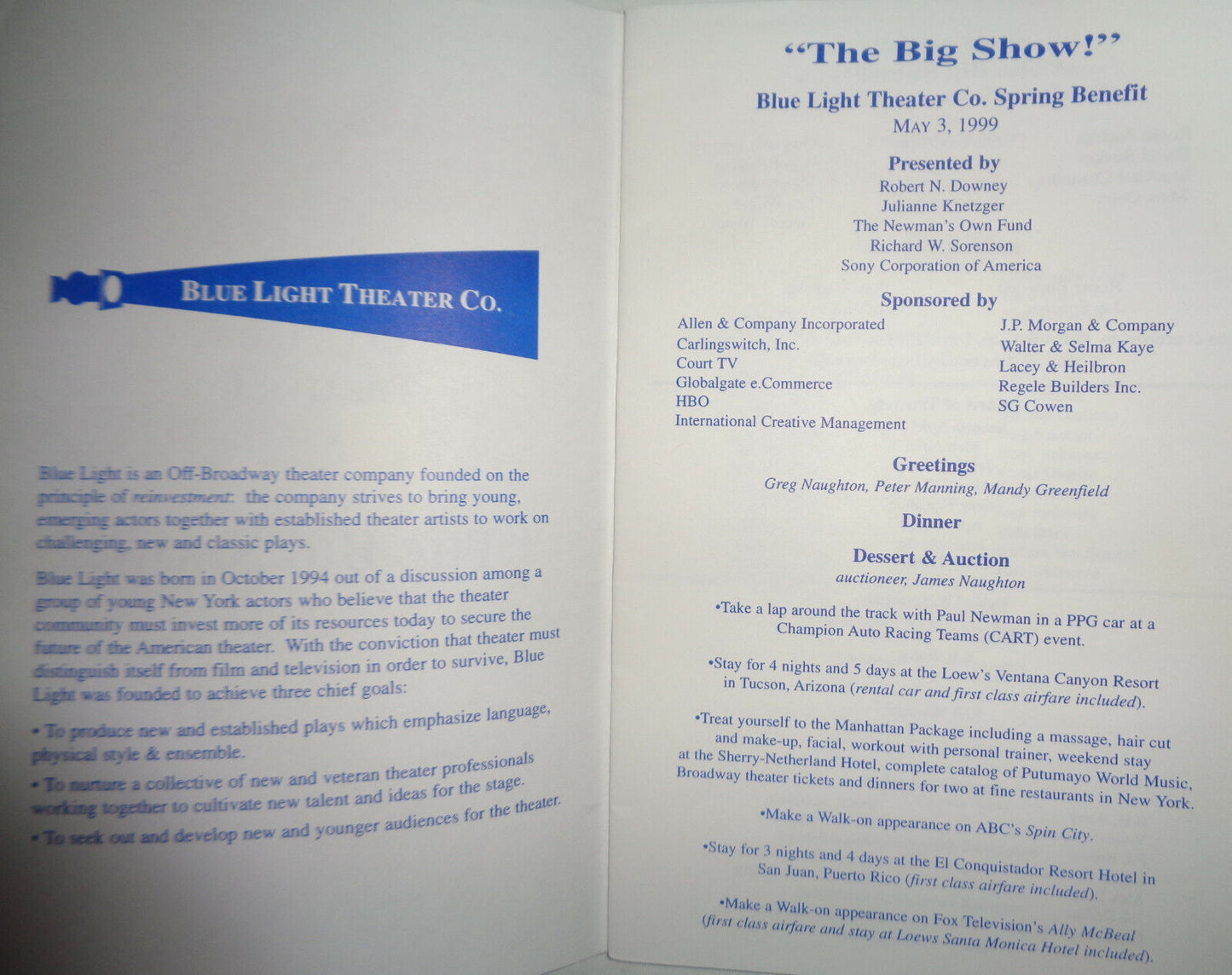 "THE BIG SHOW!" - PROGRAM - MAY 3, 1999 BLUE LIGHT THEATER CO. - Robert Downey.