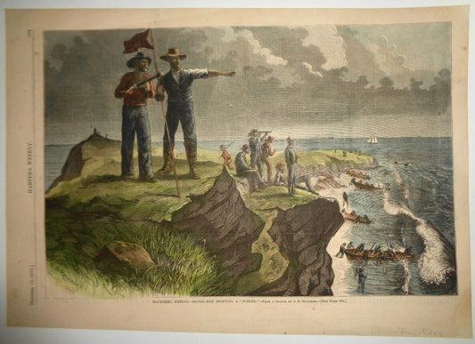 MACKEREL FISHING - HARPER'S WEEKLY ORIGINAL HAND-COLORED PRINT - OCT 12, 1872