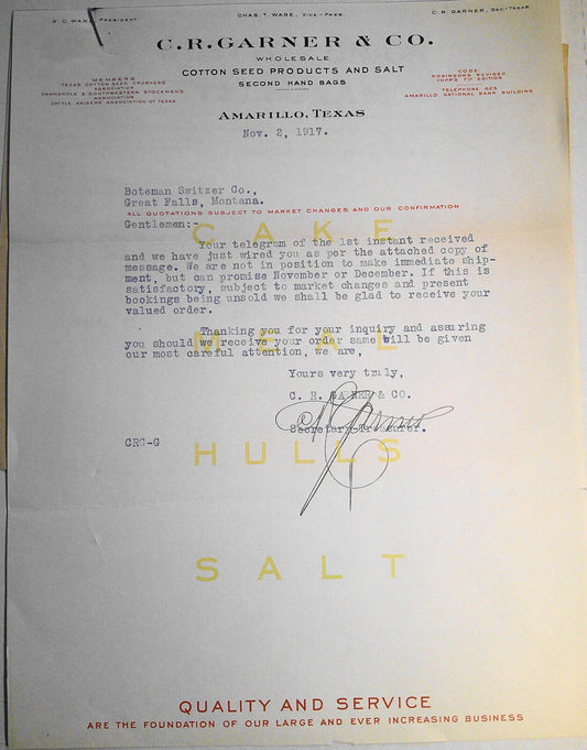 1917 C. R. Garner & Co. Amarillo, Texas - Wartime order with telegram and letter
