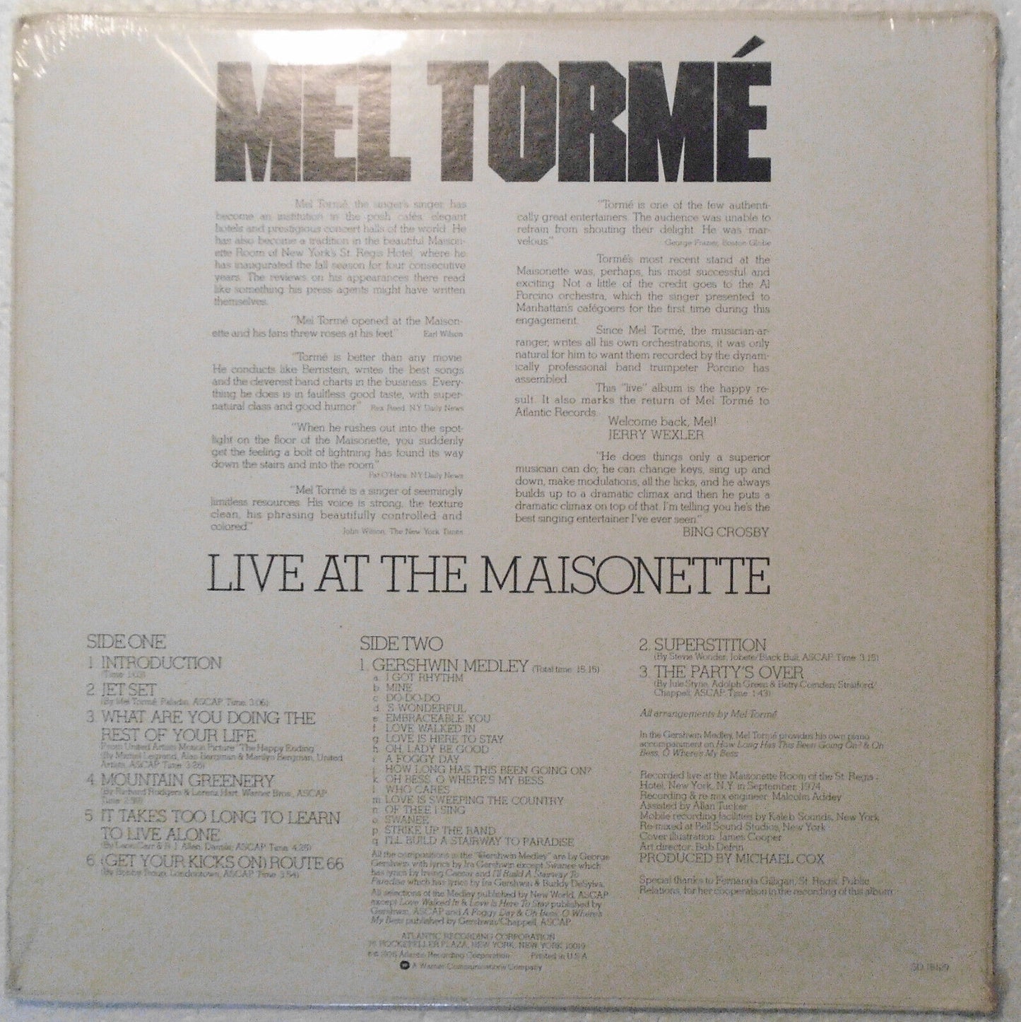 Mel Torme Live At The Maisonette LP - SEALED, NEW  1975.  Featuring Al Porchino