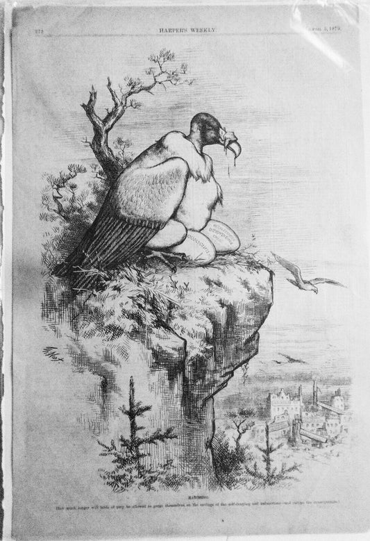 Hatching: How much longer will the birds of prey be allowed to gorge. Nast, 1879