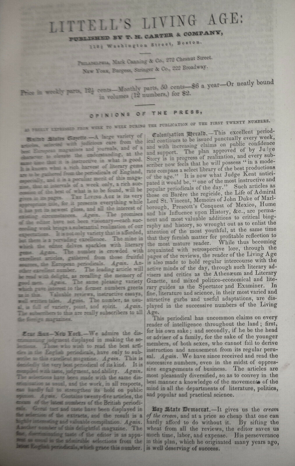 LITTELL'S LIVING AGE, Vol. II : from 10 august to 26 october, 1844. Bound volume