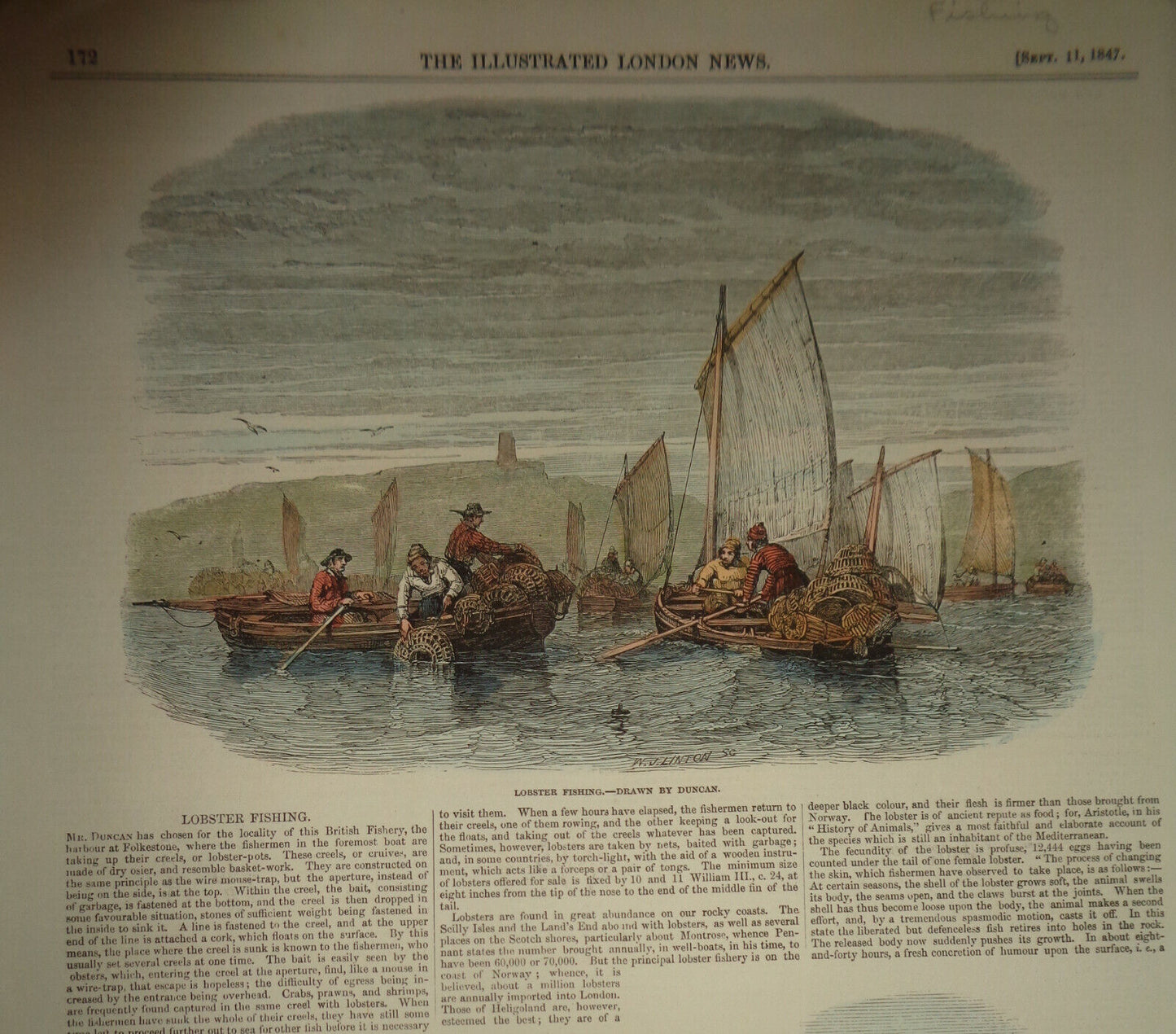 LOBSTER FISHING / CRANOE CHURCH [Hand-colored] - ILLUSTRATED LONDON NEWS - 1847