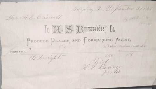 1883 Gettysburg, Pennsylvania Freight Receipt for H. S. Benner, Produce Dealer