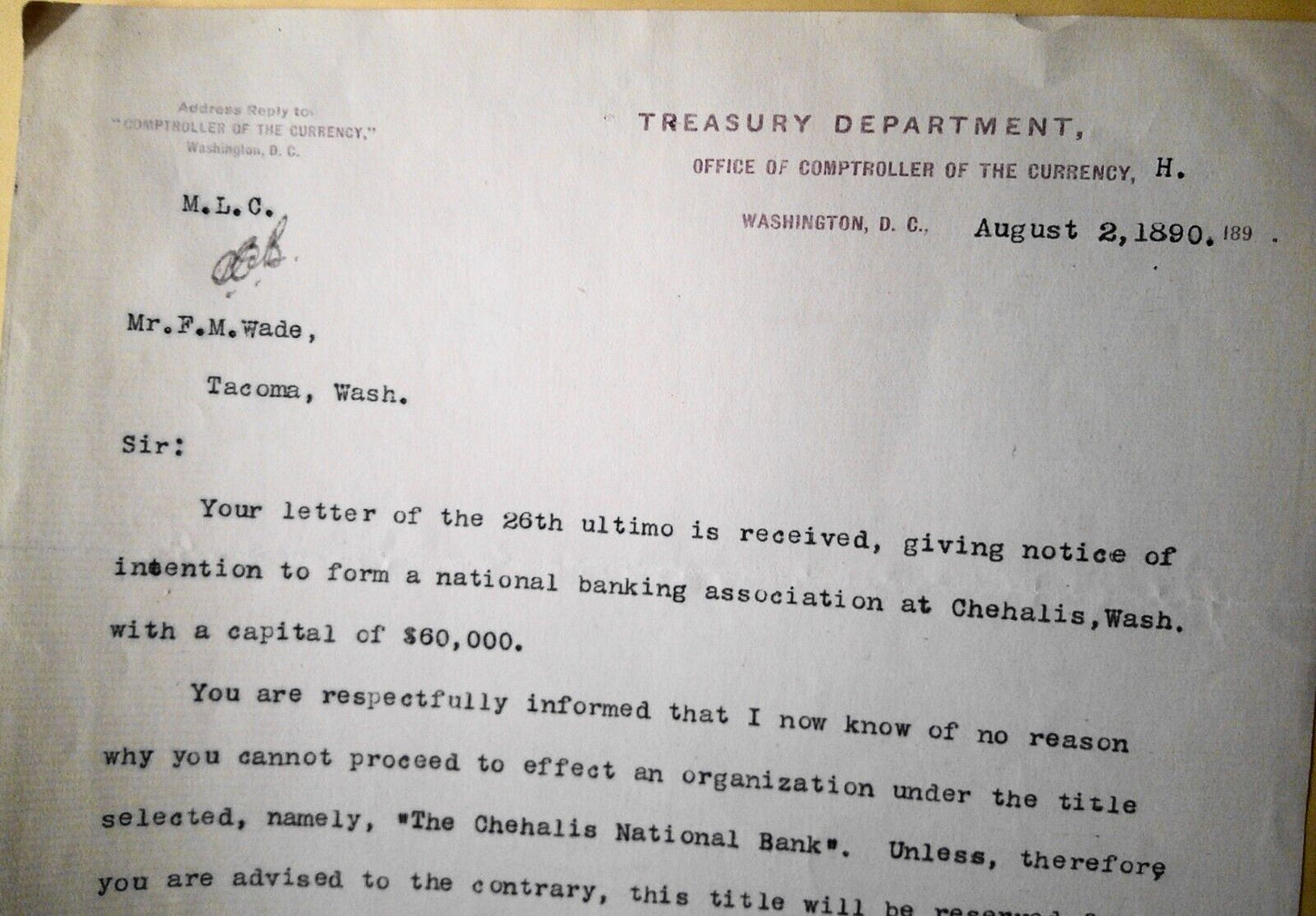 1890 Treasury Dept Comptroller of Currency authorizing Chehalis Bank formation