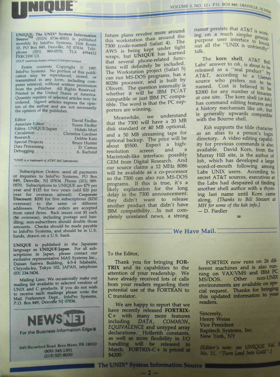 UNIQUE,  Vol. 3, No.  12, 1985 - The UNIX System Information Source