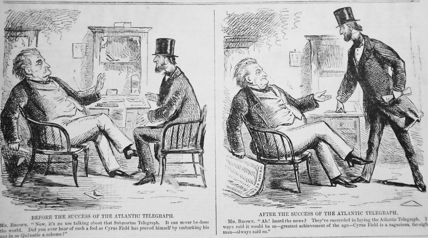 1858 Before, and, After the Success of the  Atlantic Telegraph - 1858 2 cartoons