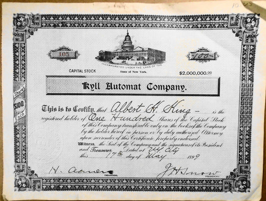 1899 Kyll Automat Company, New York - rare Stock Certificate, 100 shares
