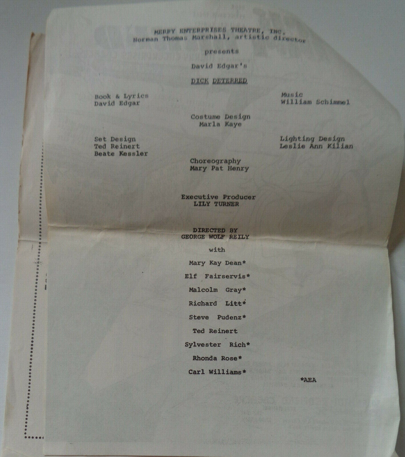 DICK DETERRED - 1982 PROGRAM - WILLIAM REDFIELD THEATRE, Off-Broadway, NYC.