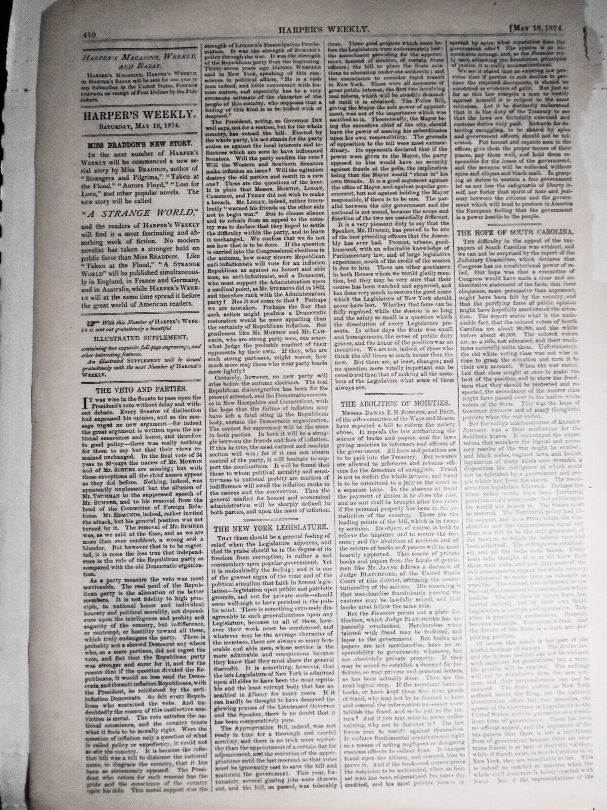 The Cradle of Liberty out of Danger by Th Nast - Harper's Weekly  1874 Original