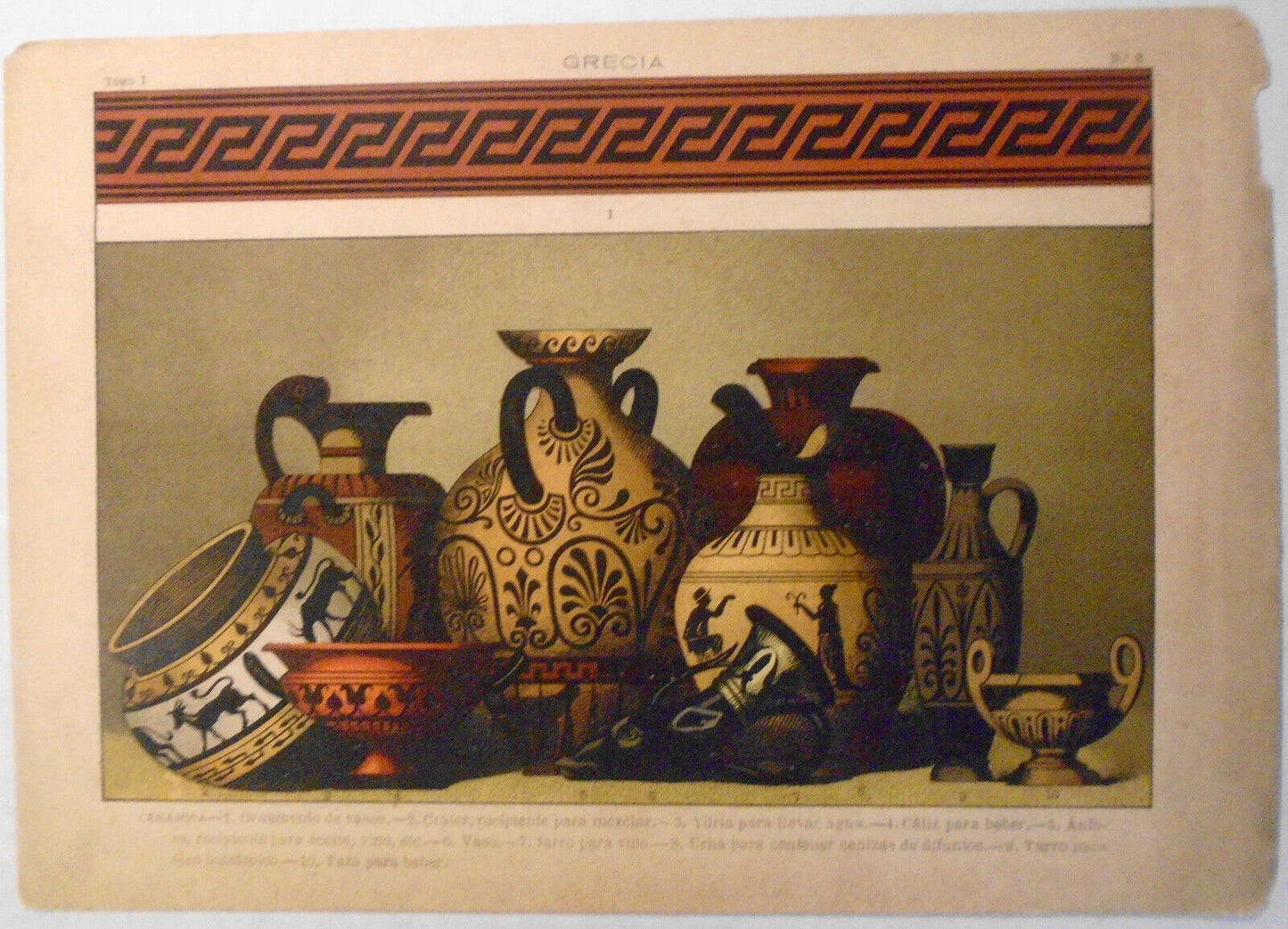 Grecia: Ceramica - Ornamento de vasos, etc.  - lithograph, ca. 1890. Barcelona.