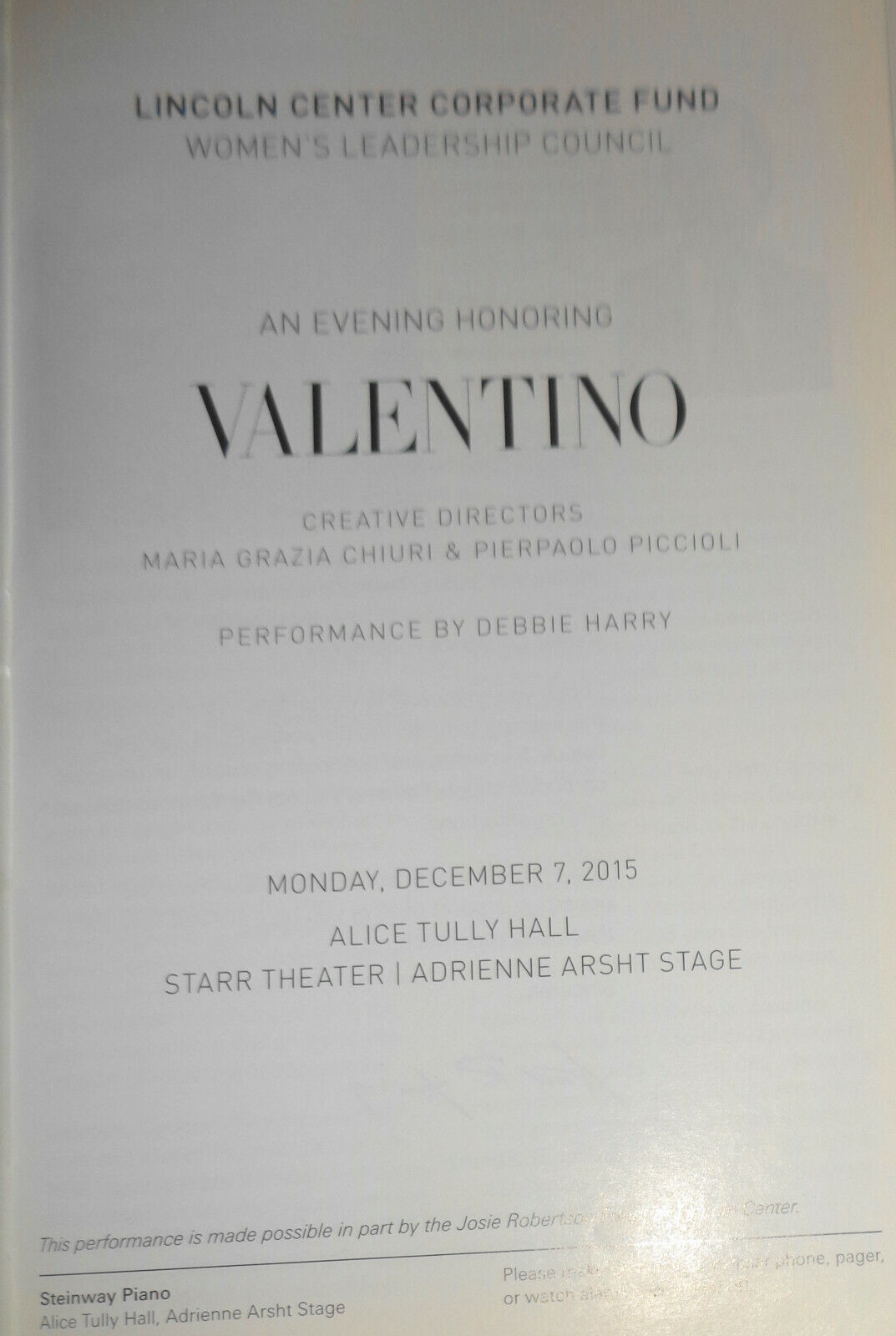 An Evening Honoring Valentino, Playbill, Lincoln Center, December 7, 2015