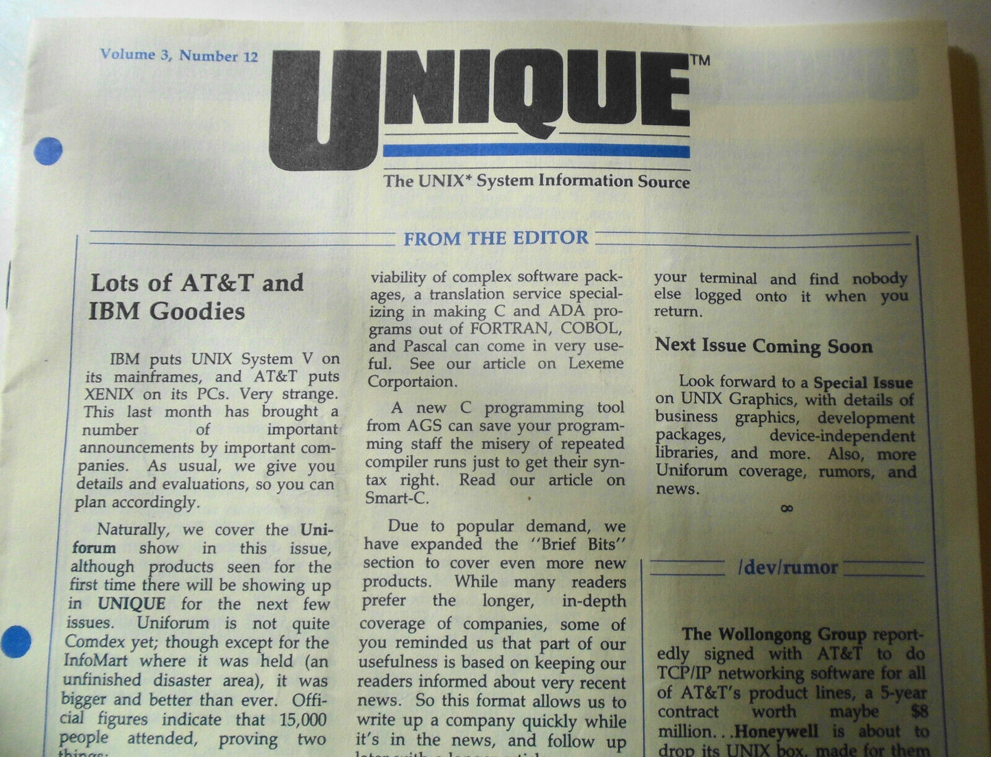 UNIQUE,  Vol. 3, No.  12, 1985 - The UNIX System Information Source