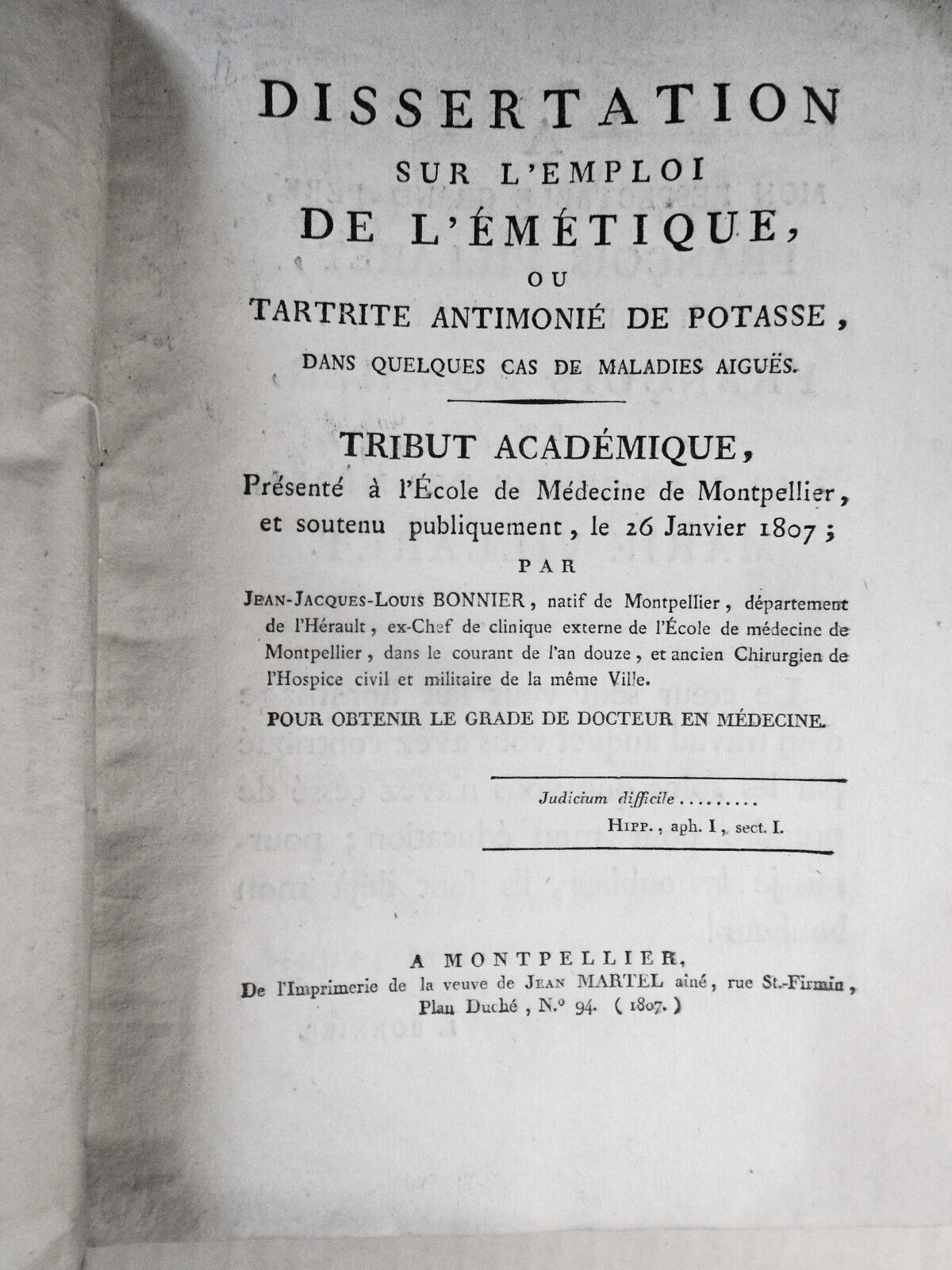 1807 Dissertation sur l'emploi  l'émétique... dans quelques...maladies aigues
