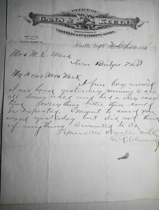 1895 Gans & Klein Billhead, Butte, Montana, with letter announcing birth of boy