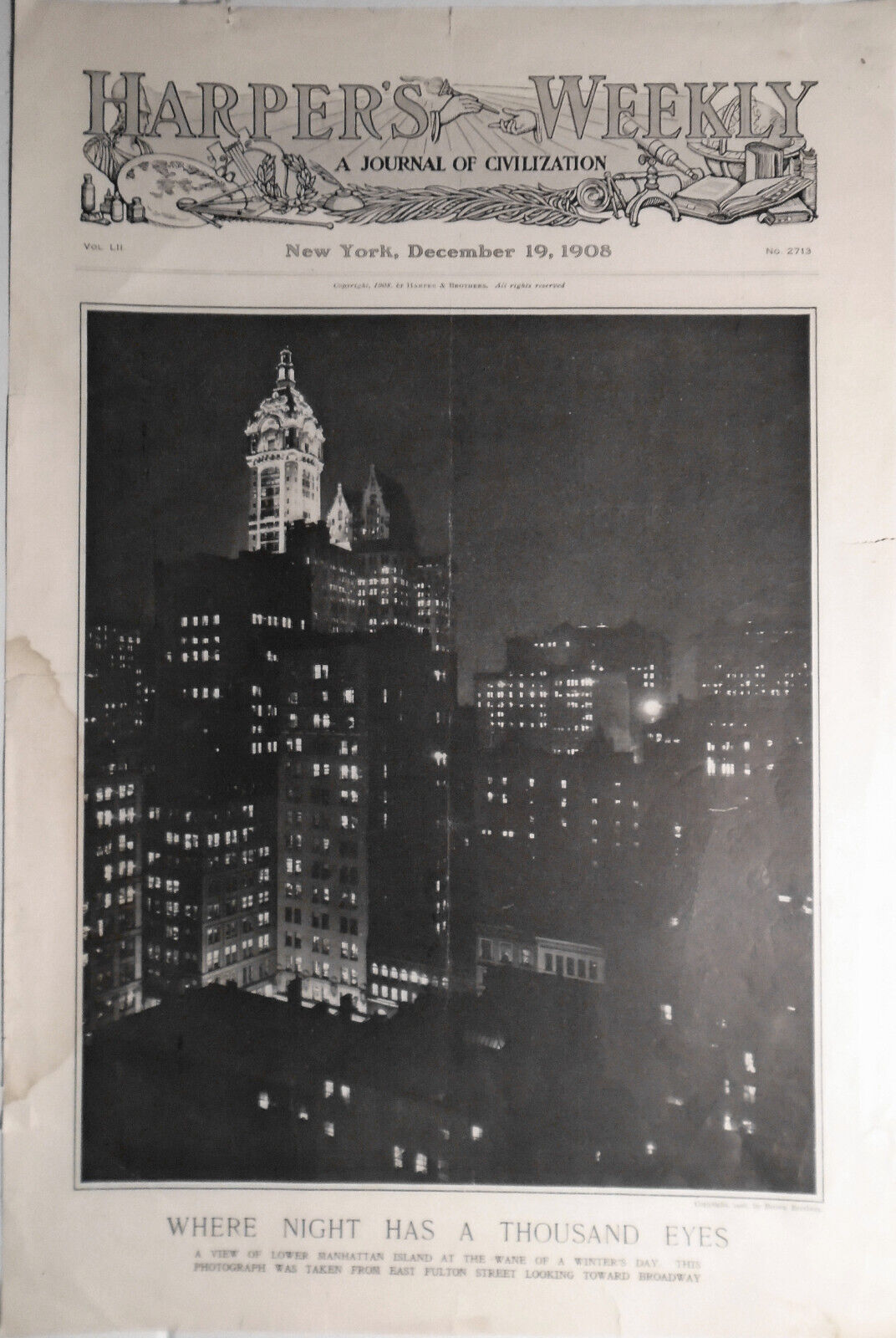 Where Night Has A Thousand Eyes.. View of Lower Manhattan - Harper's Weekly 1908