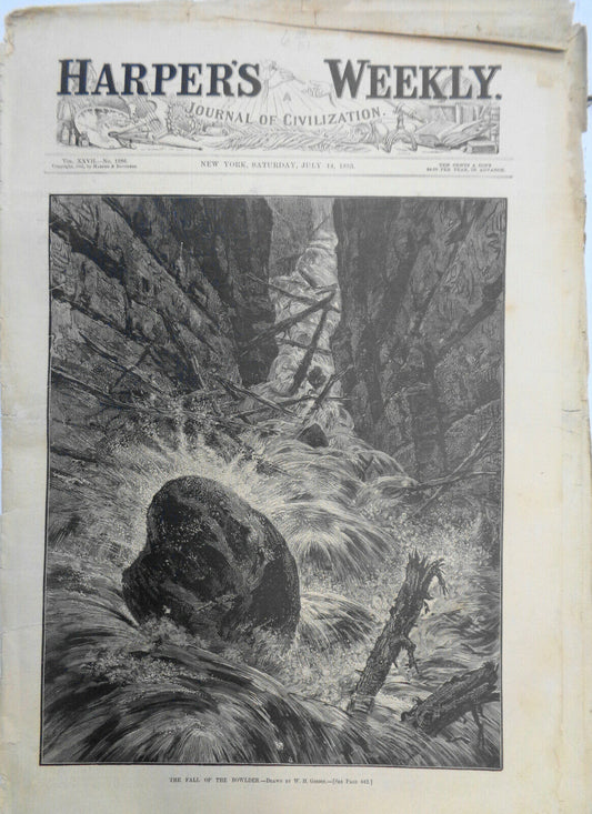 HARPER'S WEEKLY JULY 14, 1883 - "THE FALL OF THE BOWLDER" , "COTTON CULTURE"
