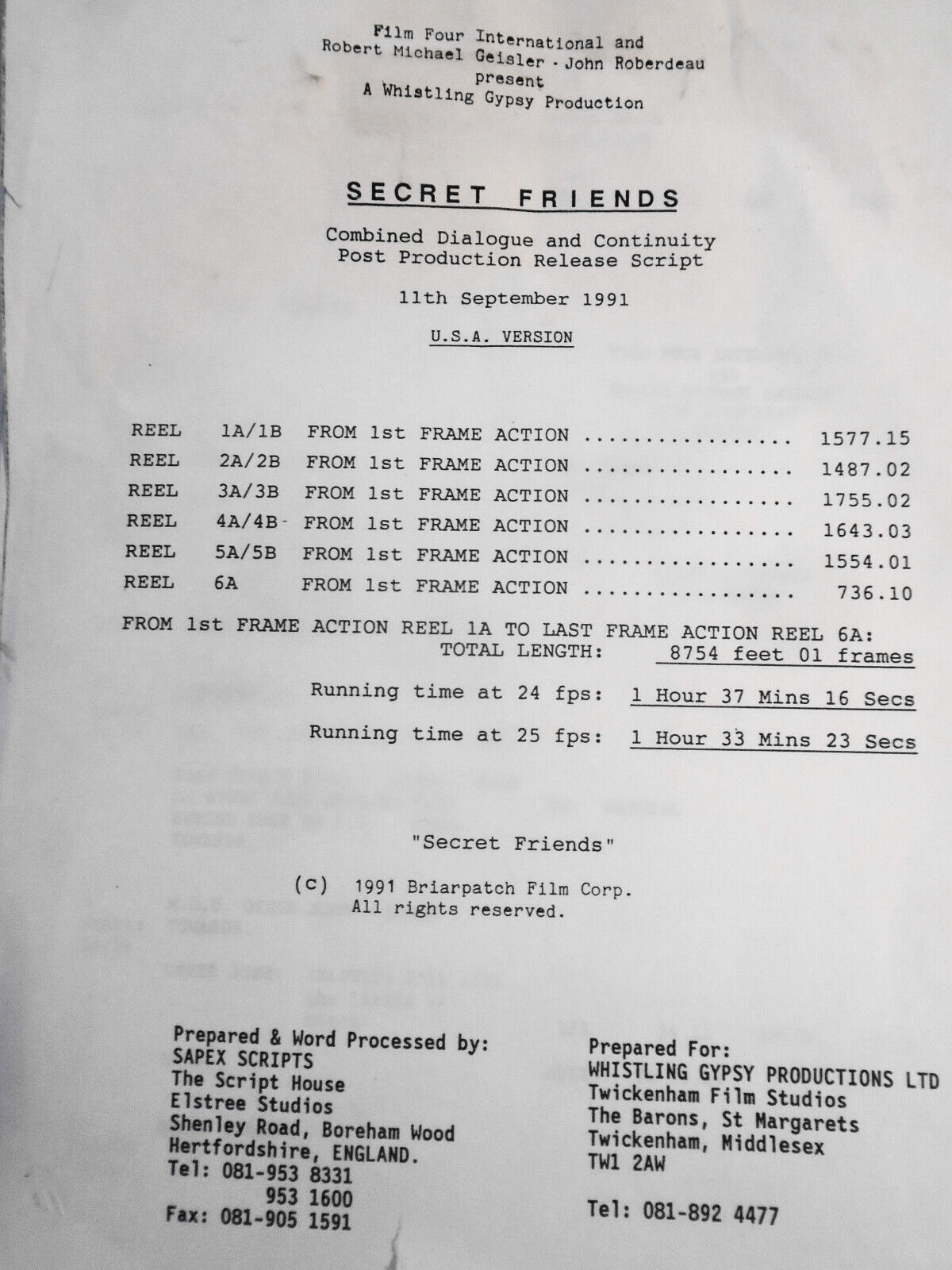 SECRET FRIENDS, by Dennis Potter -- Combined Dialogue ... Release Script. 1991.