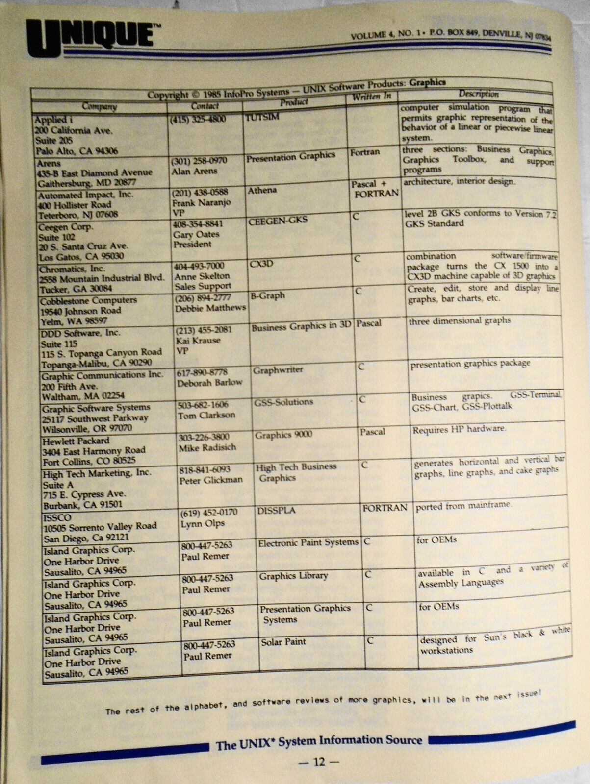 UNIQUE: The UNIX System Information Source,  Oct. 1985 - Graphics; AT&T  UNIX PC