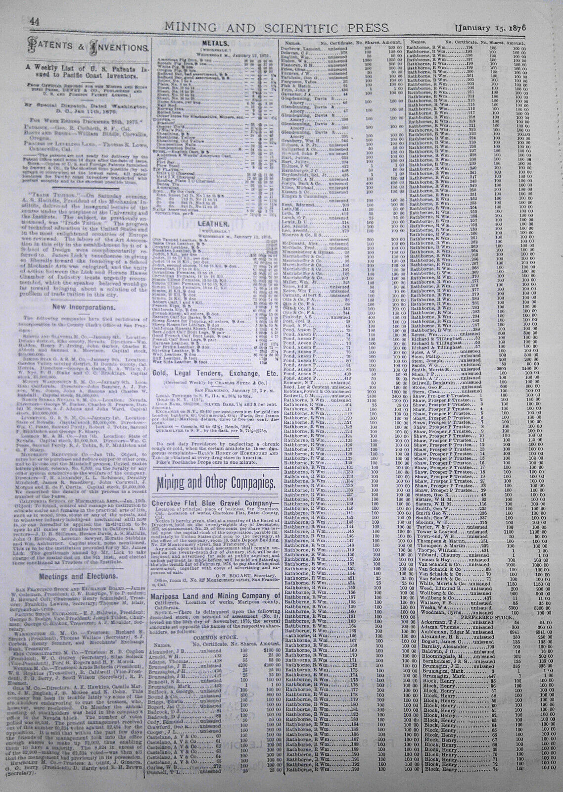 Mining and Scientific Press January 15, 1876. Yellowstone Lake; Colorado Bullion