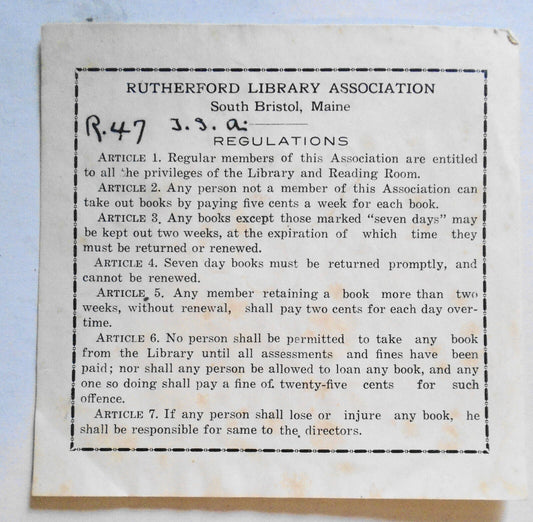 Rutherford Library Association (Rules & Regulations) Bookplate - 19th century