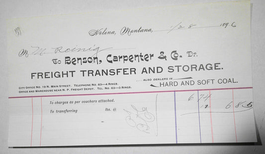 1896 Benson, Carpenter & Co. Freight Transfer & Storage, Helena Montana Billhead