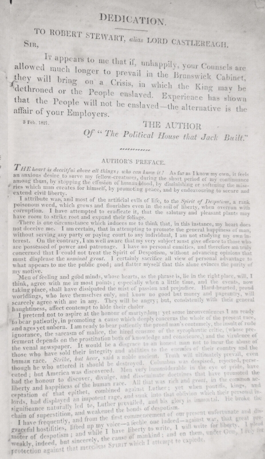 1821 The spirit of despotism. Dedicated to Lord Castlereagh. By Vicesimus Knox.