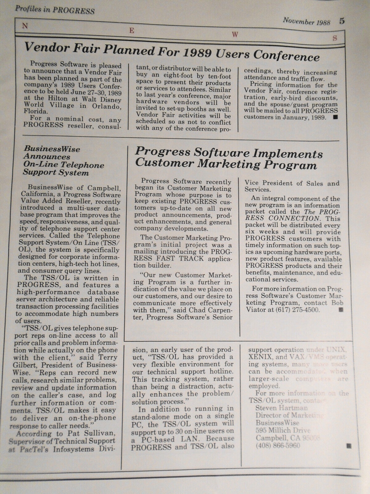 Profiles in Progress, November 1988. Quarterly Newsmagazine of Progress Software