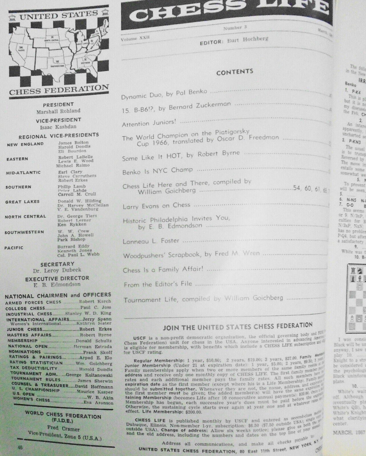 Chess Life, March 1967 - Petrosian on Piatigorsky Cup, Bobby Fischer, etc..
