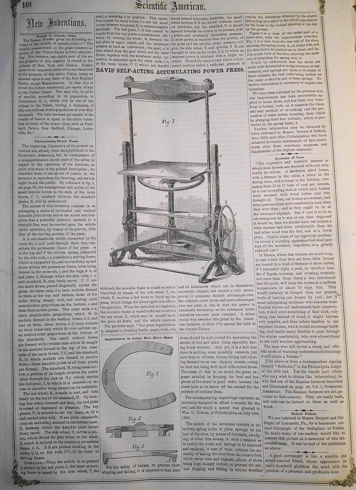 Scientific American January 19, 1856. Robert Fulton; California; Horse flesh etc