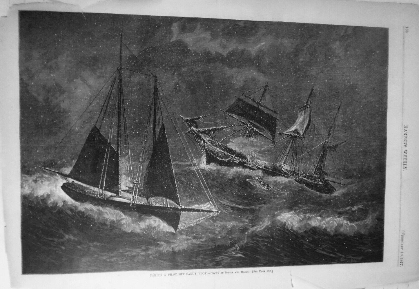 Taking A Pilot, Off Sandy Hook. Harper's Weekly February 10, 1877 ORIGINAL