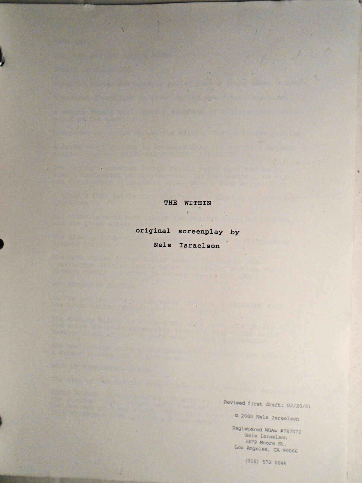 The Within, by Nels Israelson, 2001. Original Screenplay. Revised First Draft